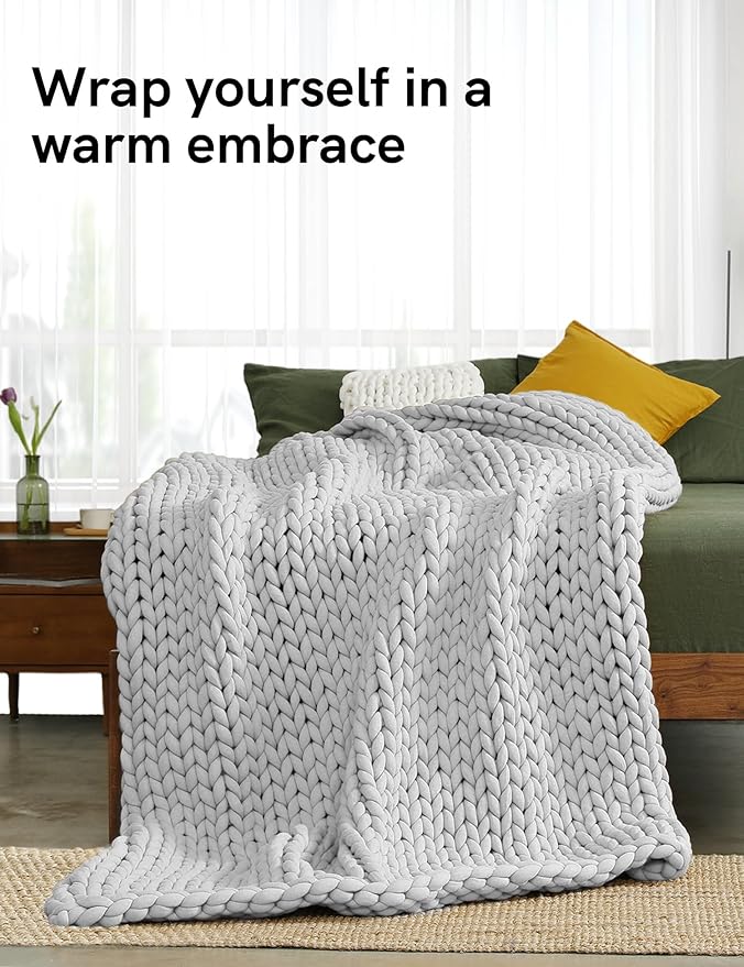 YnM Knitted Weighted Blanket, Hand Made Chunky Knit Weighted Throw Blanket for Sleep, Stress or Home Décor (French Silver, 60''x80'' 20lbs), Suit for One Person(~190lb) Use on Queen/King Bed