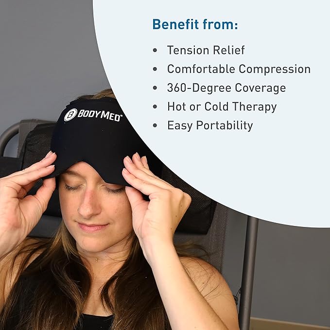 BodyMed Migraine Relief Cap, Universal Fit for Women and Men – Soothing Headache Face Mask with Extra Cooling Gel for Extended Relief – Hot and Cold Therapy Head Wrap for Tension, Stress, Headaches