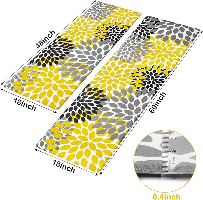 Likiyol Kitchen Mats for Floor [2 PCS] Anti-Fatigue Kitchen Rugs Non Slip Washable Boho Flower Waterproof Decorative Cushioned Comfort Standing Floor Mats for Home/Office 18''x48''+18''x60''(Yellow)