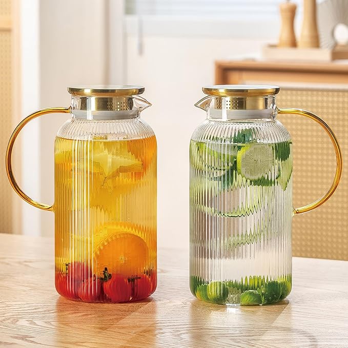 2 PACK Glass Pitcher with Lid, 68 oz/ 2 Liter Classic Vertical Stripes Water Pitcher with Handle,Glass Water Carafe for Cold Brew, Coffee, Lemonade, Iced Sun Tea,Beverage,Heat Resistant