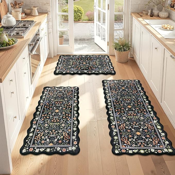 Yamaziot Anti Fatigue Kitchen Rugs Set of 3 - Boho Non Slip Waterproof Kitchen Mats for Floor, Boho Runner Rug for Kitchen Floor, Laundry, Desk, Bar, Office, 17.3"x29"+17.3"x35"+17.3"x47", Black