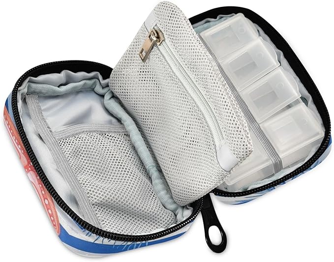 Blue Stripes Starfish Seashells Corals Travel Pill Organizer Case Box Container Weekly Portable Vitamin Medicine Holder Storage Bag with Zipper Removable