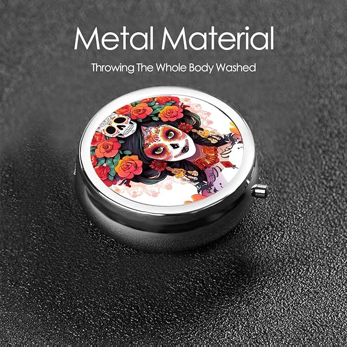 Mexican Style Women Skull Pill Box 3 Compartment Pill Case, Portable Medicine Pill Organizer for Pocket Purse Pill Box Decorative Metal Medicine Vitamin Organizer