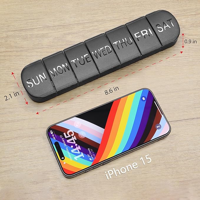 Large Weekly Pill Organizer, 2-Pack 7 Day Pill Box with Debossed Labels, Fade Resistant, BPA-Free Translucent Lids (Black & Black)