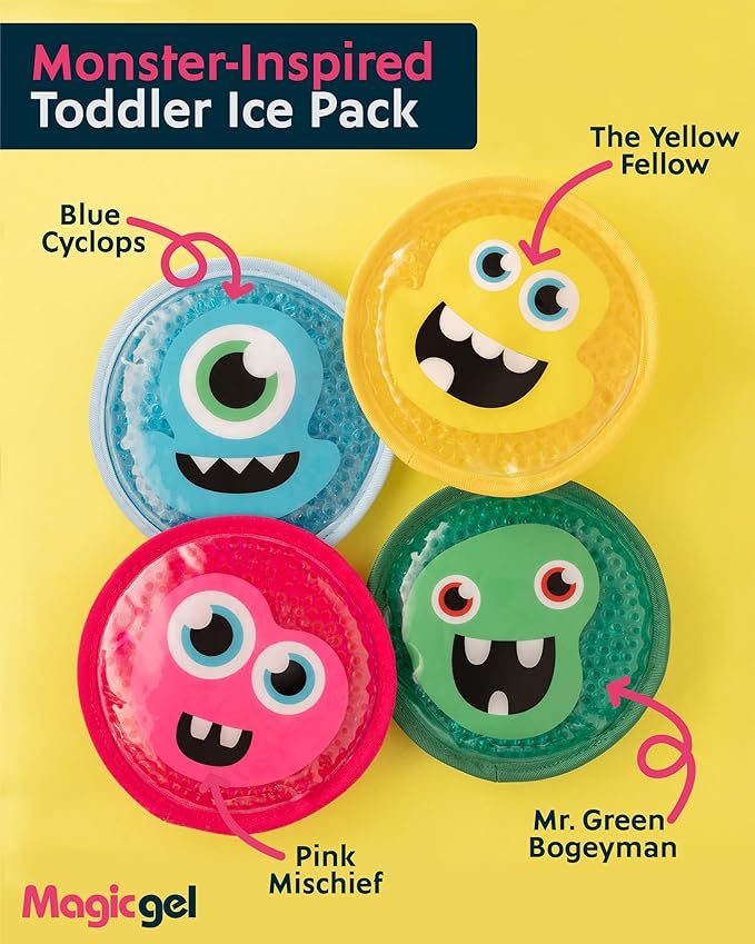 Magic Gel Kids Ice Packs for Boo Boos - Pack of 4 - Reusable Soft Ice Packs for Kids - Small Squishy Gel Pack for Baby or Toddler - Fun Cute Monster Design
