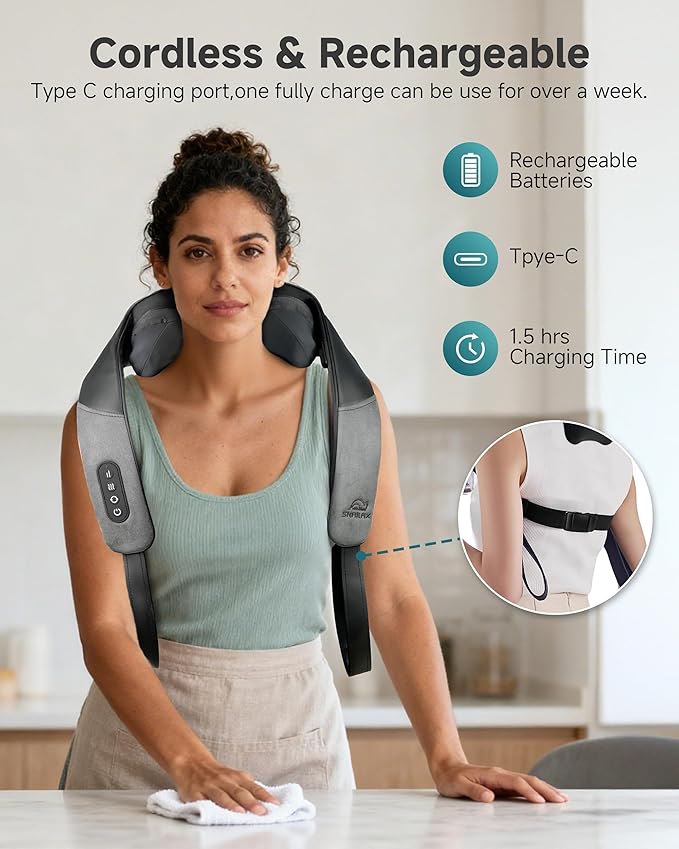 Snailax Cordless Neck Shoulder Massager with Graphene Heating, Deep Tissue 4D Shiatsu Neck Massager for Pain Relief, Rechargeable Back Massager with Upgraded Massage Heads for Deeper Muscle Relaxation