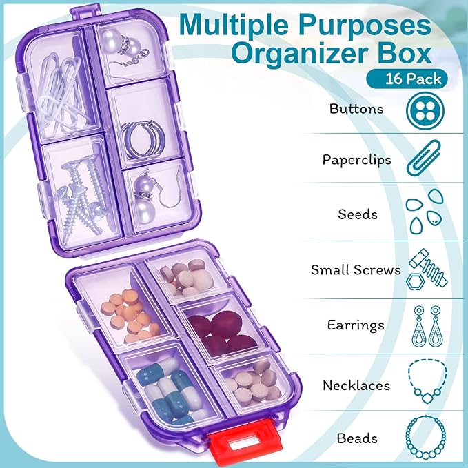 Mumufy 56 Pcs Travel Pill Organizer Bulk 10 Compartments Pocket Portable Pill Case Daily Box Dispenser for Vitamin Fish Oil Compartments Different Medicines, 8 Colors