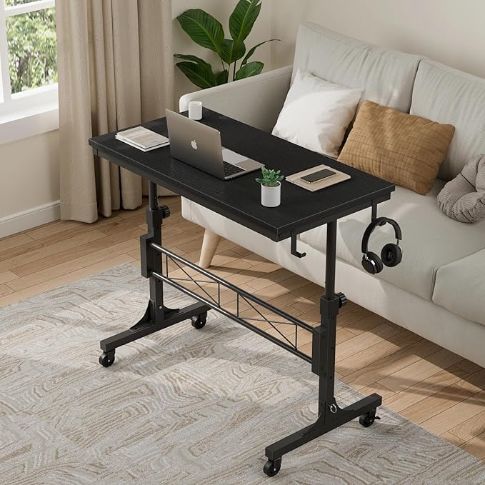 Small Portable Rolling Standing Desk - 32 Inch Adjustable Height Mobile Teacher Podium on Wheels for Classroom, Stand Up Desks for Treadmill Walking Pad, Couch Sofa Side Laptop Table, Black
