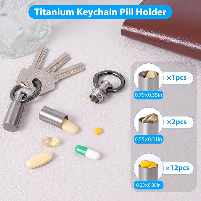 Titanium Keychain Pill Holder,Portable Mini Pill Case, Waterproof Small Pill Container,Mental Pill Box for Travel Purse Camp