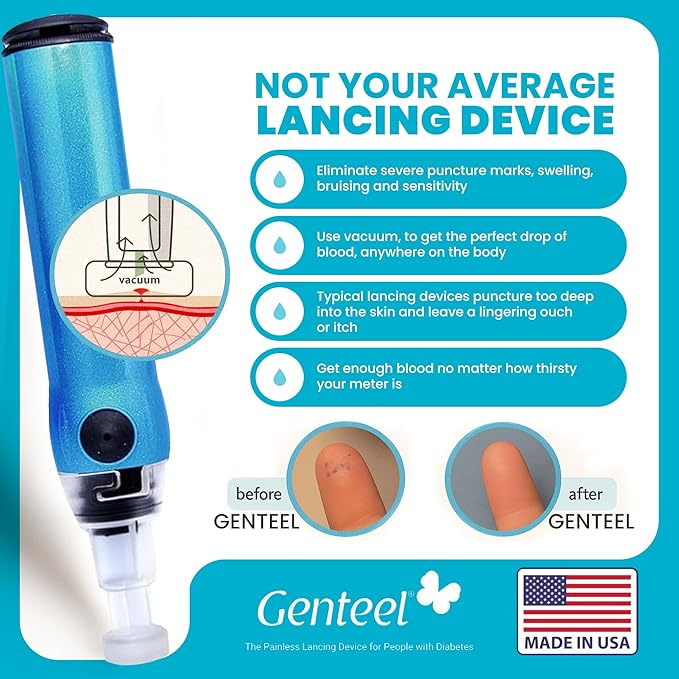 Genteel Plus - No Prick Pain Vacuum Lancing Device for Diabetes Testing - Blood Sugar, Glucose, Ketone, and DNA Home Tests (Butterfly Blue)