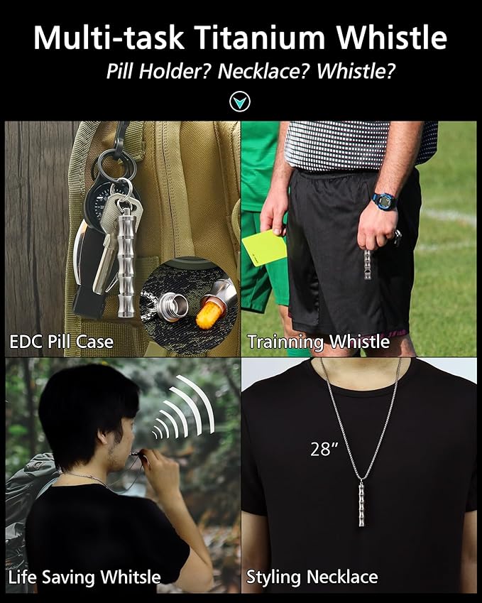 Titanium Pill Holder Necklace for Men Women Emergency Whistle Mini Keychain Nitro Pill Case with Loud Whistles EDC Safety Backpacking Survival Hiking Camping Pets Training