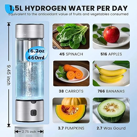 Hydrogen Water Bottle Generator – 460ml Portable Rechargeable Ionizer Machine with Advanced SPE PEM Technology, Up to 3200+ PPB High Concentration for Home, Office & Travel