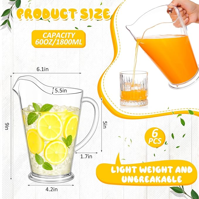 LemonRoad 6 Pcs 60oz Plastic Water Pitchers Clear Beer Pitchers for Party Restaurant, Reusable Indoor and Outdoor Water Serving Jugs for Juice Ice Tea Soda Pop Cold Drinks