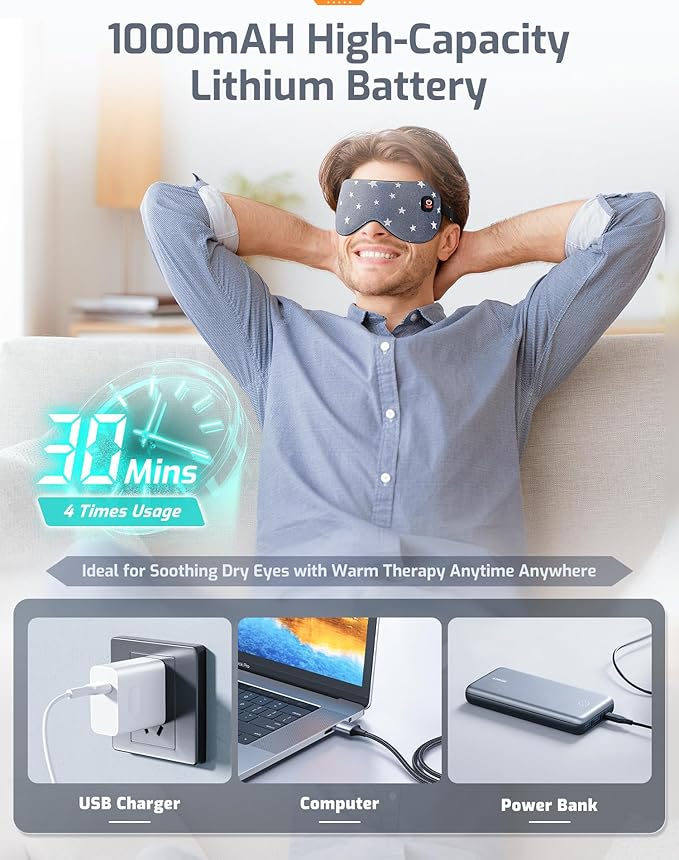 Heated Eye Mask-Cordless Warm Eye Compress Heated Eye Mask for Dry Eyes, Blepharitis,Light Blocking Heat Eye Mask for Men Women, Electric Warm Eye Mask for Airplane Sleeping for Travel (Gray Star)