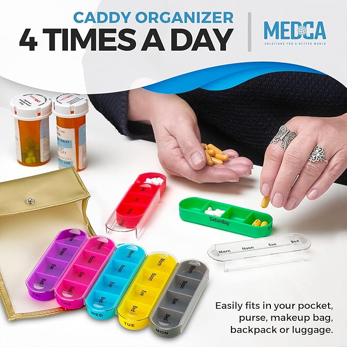 Weekly Travel Pill Organizer - (Pack of 2) Medication Wallet Pill Box Reminders, Pill Container Dispenser Case, Vitamin Caddy Organizer, for 4 Times A Day, 7 Days a Week