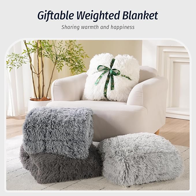 Wemore Shaggy Long Fur Faux Fur Weighted Blanket, Cozy and Plush Sherpa Long Hair Blanket for Adult 15lbs, Fluffy Fuzzy Sherpa Reverse Heavy Blanket for Bed, Couch, Backprint Grey, 60 x 80 Inches