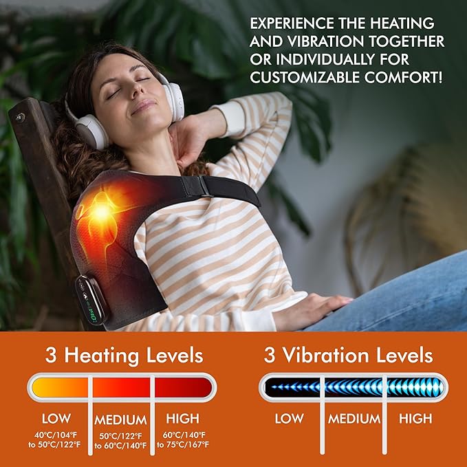 Shoulder Heating Pad Massage - 3 in 1 Cordless Electric Vibration Heated Brace Compression Wrap Massager - Warmer Device to Support Deep Tissue Relief Therapy Rotator Cuff Pain Frozen Arm