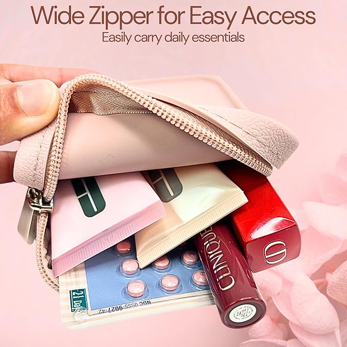 Pink- Small Pill Case with Silicone Pill Pouch, 4 Compartment Pill Organizer, Zipper Pill case, Small Pill Box for Purse, Sturdy Hinge, Multi Purpose, for Vitamins & Supplements, BPA Free