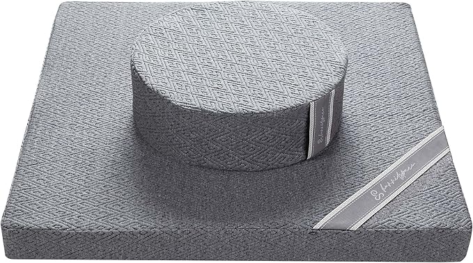 Meditation Zafu Cushion Set with Buckwheat Hulls & Memory Foam - Ergonomic Support for Yoga & Sitting - Removable Machine-Washable Luxury Velvet Cover - for Adults and Kids (Premium Grey)