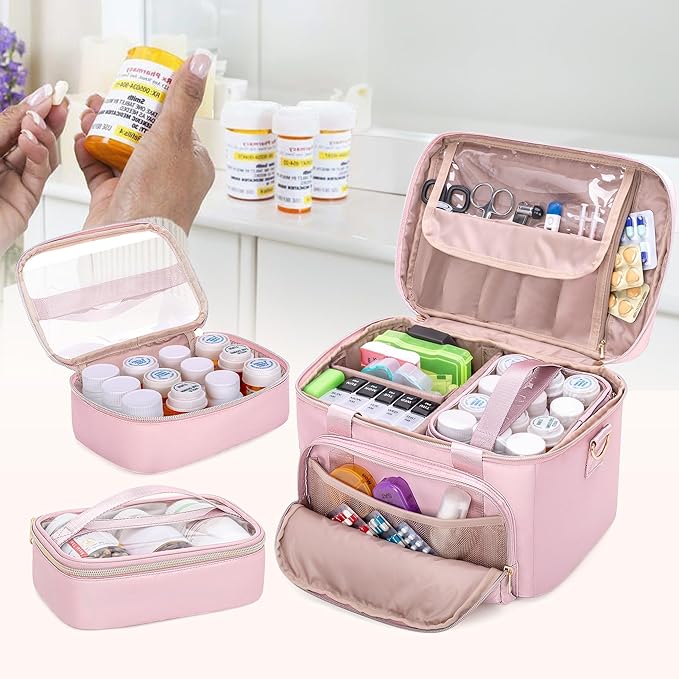 Medicine Storage Bag with 2 Medical Bags, Pill Bottle Organizer Bag Empty First Aid Bag for Travel, Home Healthcare, Pink(Empty Bag Only)