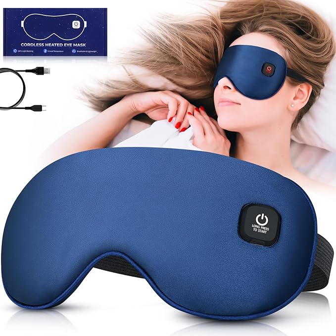 Heated Eye Mask-Cordless Warm Eye Compress Heated Eye Mask for Dry Eyes, Blepharitis,Light Blocking Heat Eye Mask for Men Women, Electric Warm Eye Mask for Airplane Sleeping for Travel (Navy Blue)