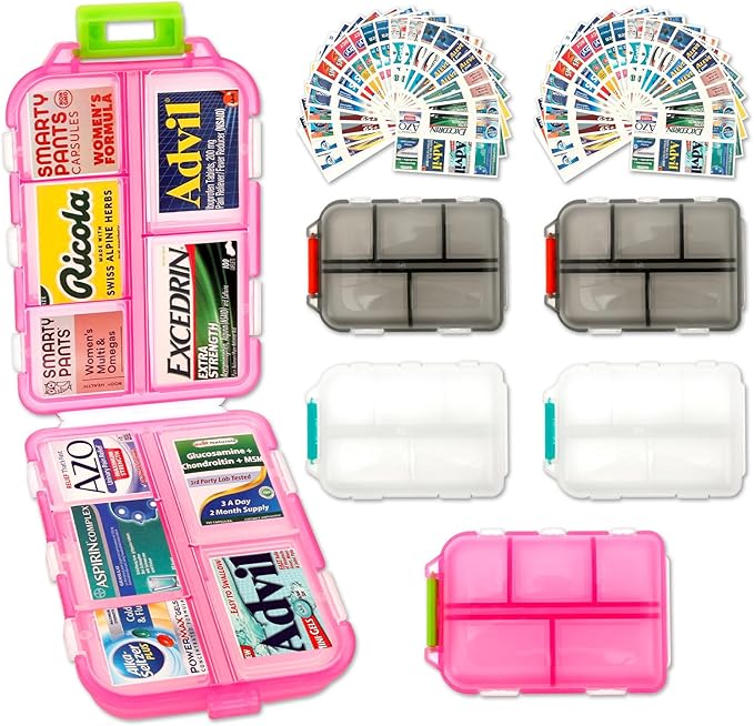 Frosted Plastic Large Pill Organizer Waterproof 10 Compartment Pill Container Box with Labels for Travel and Daily Use (Pink+White+Grey 6PCS)