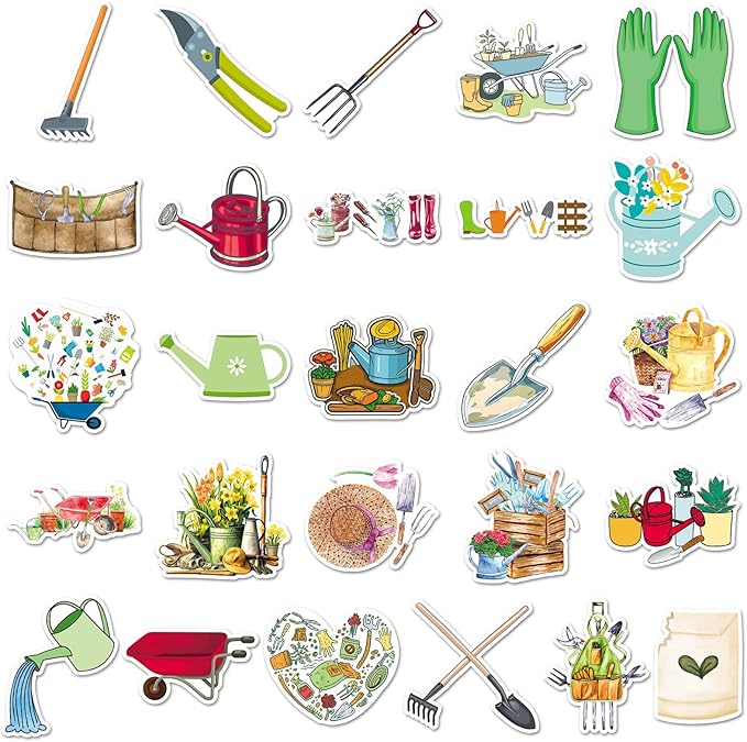 51pcs Garden Tools Stickers, Cartoon Shovel & Watering Can Pattern Decals, Waterproof & Durable for Gardening Journal, Flower Pot, Party Decoration