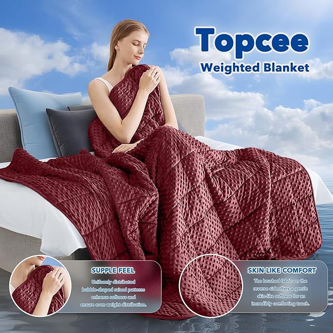 Topcee Weighted Blanket for Adults (15lbs 60"x80"), Minky Dots Heavy Blanket for Woman, Man Sleeping, Soft, Cozy and Cooling Weighted Throw Blankets, Machine Washable, Burgundy