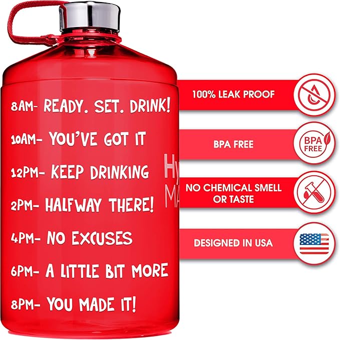 NatureWorks HydroMATE 1 Gallon Motivational Water Bottle with Times to Drink for the Day BPA Free Reusable Big Water Bottle with Handle 1 Gallon Water Bottles with Time Marker 128 oz