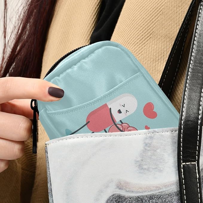 Happy Pills Pill Box 7 Day Pill Case Bag Travel Pill Organizer Bag with Zipper Weekly Case Portable Compact Size for Vitamin Supplement Holder