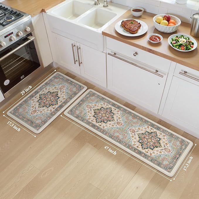 Kitchen Mats for Floor Cushioned Anti Fatigue,Boho Vintage Blue Kitchen Rugs Sets of 2 Non Slip,Memory Foam Waterproof Comfort Standing Mat Carpet for Sink Laundry Office