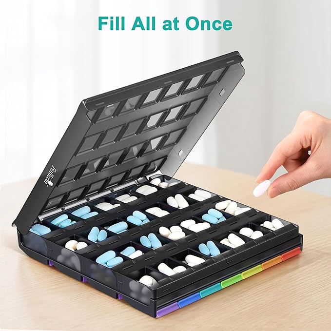 Fullicon Weekly Pill Organizer 4 Times a Day, Large Capacity Pill Case with Easy Fill, Medicine Organizer for Vitamin, Supplement & Pill, Great Gifts for Seniors (Black Rainbow) - Patent Pending