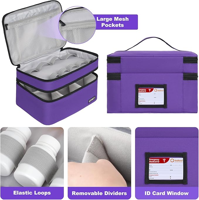 Medicine Storage Bag,Double Layers Pill Bottle Organizer Bag Empty with Lockable Zipper&Adjustable Divider,Medication Travel Carrying Bag for Pills,Vitamins,Medical Supplies,Purple
