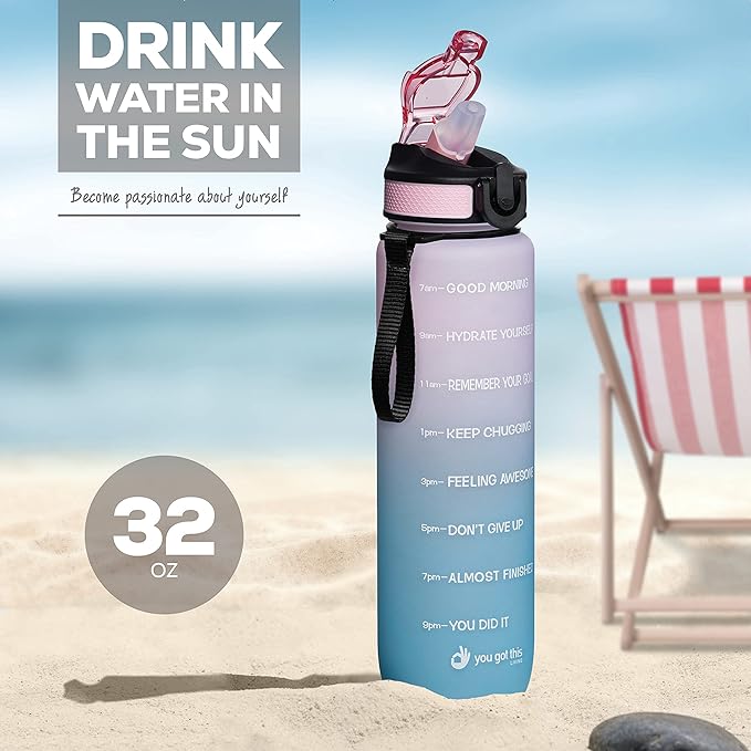 Motivational Water Bottle with Time Marker, 32 oz Water Bottle, Sports Water Bottle with Spout, Achieve All-Day Hydration SpillProof, BPA FREE