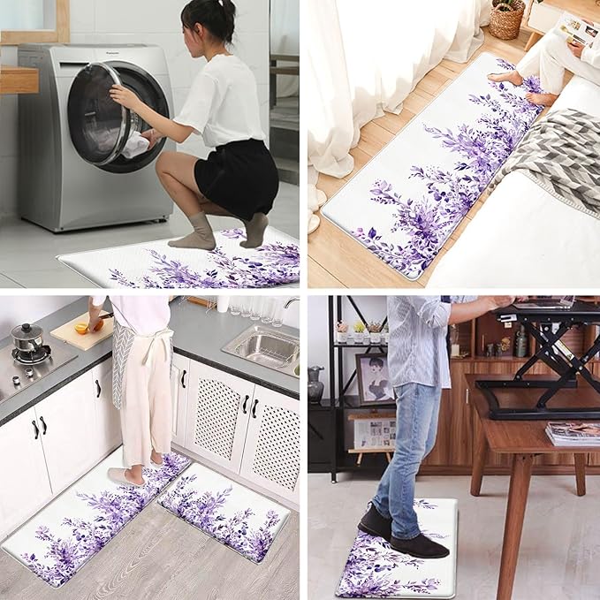 Bulijojo Purple Leaves Anti Fatigue Kitchen Floor Mats Set of 2 Waterproof Kitchen Sink Runner Rug Standing Mat Cushioned Kitchen Rugs Comfort Doormat 17"x47"+17" x30“