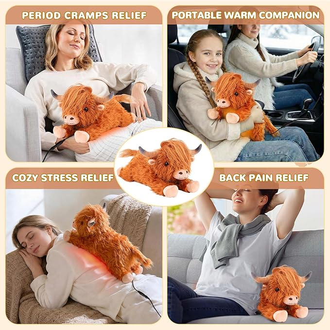Highland Cow Heating Pad for Period Cramps Menstrual Pain Relief, Portable Electric Heat Pads USB Powered, Cute Cows Plush Stuffed Animals Gift, Funny Gifts for Women Teen Girls Birthday Christmas