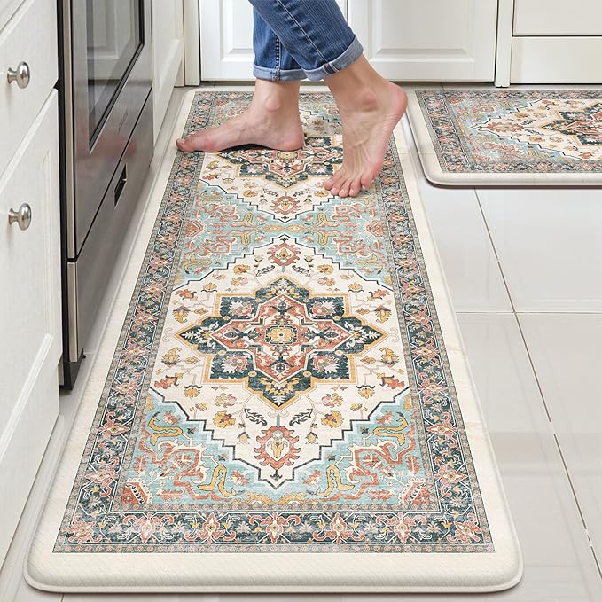 Kitchen Mats for Floor Cushioned Anti Fatigue,Boho Vintage Blue Kitchen Rugs Sets of 2 Non Slip,Memory Foam Waterproof Comfort Standing Mat Carpet for Sink Laundry Office