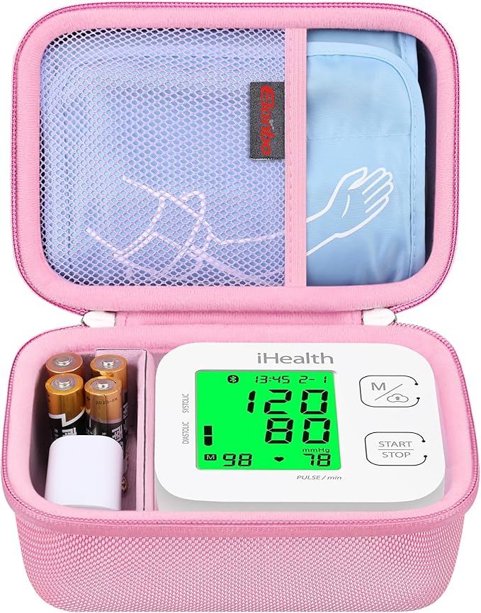 Elonbo Carrying Case for iHealth Track Smart Upper Arm Blood Pressure Monitor, Wireless Bluetooth Blood Pressure Monitor Travel Protective Bag Storage Holder, Mesh Pocket fits Range Cuff, Pink