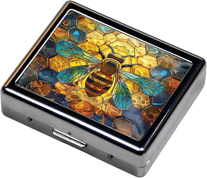Silver Vintage Pill Box 7 Day Metal Pill Box with Mirror and 8 Compartments Cute Travel Pill Organizer for Purse,Compact Portable Pill Organizer (Bees)