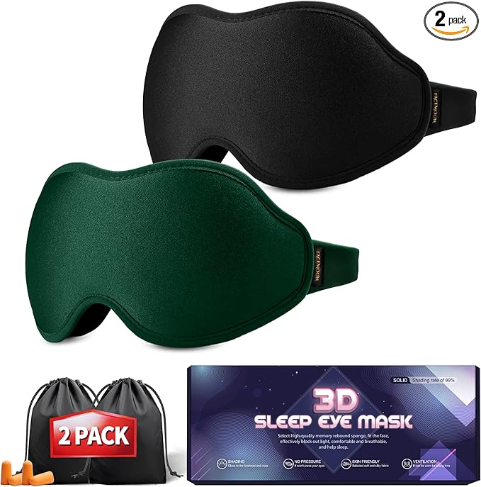 Sleep Masks for Women Men - Blackout Eye Cover for Lash Extension, 3D Contoured Sleep Mask for Side Sleeper, Soft Memory Foam, Sleep Masks for Travel, Airplane, Night(Cloud Black, Cloud Green)