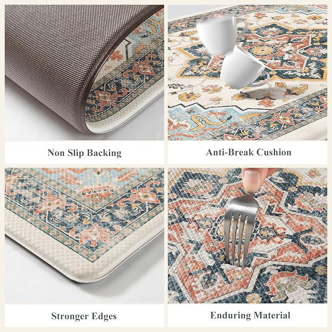 Kitchen Mats for Floor Cushioned Anti Fatigue,Boho Vintage Blue Kitchen Rugs Sets of 2 Non Slip,Memory Foam Waterproof Comfort Standing Mat Carpet for Sink Laundry Office