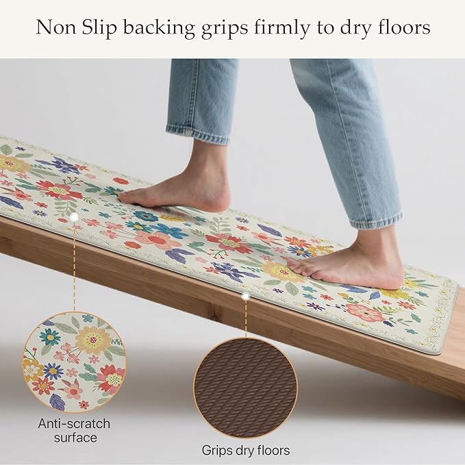 GENIMO Kitchen Mats for Floor 2PCS, Cushioned Kitchen Rugs Non Slip Washable, Farmhouse Anti Fatigue Mat Waterproof, Comfort Standing Mat Rug for Office, Home, Laundry, 17.3"x59"+17.3"x30", SoftWhite