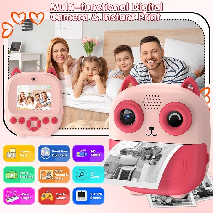 Kids Camera Instant Print, Multifunctional Toddler Camera with Photo Printing Instantly, 2.4 Inch HD Screen Digital Camera for Kids,Christmas Birthday Gifts for 3-12 Year Old Girls(Pink)