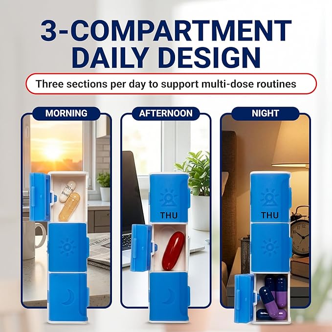 Arrigo Weekly Pill Organizer 3X a Day – 7-Pack Portable Color-Coded Pill Boxes with PU Leather Pouch & Labels – Compact, Travel Friendly Silicone Containers for Luggage, Purse, Backpack or Drawer