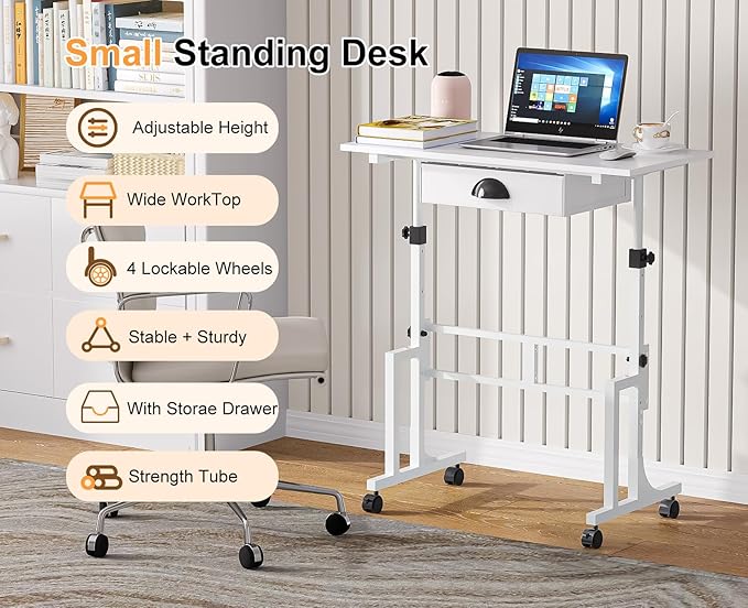 Adjustable Height Standing Desk for Walking Pad Treadmill, Portable Rolling Desk for Laptop with Drawer, Small Moblie Sit to Stand Desk On Wheels with Stiffener for Home Office Dorm Bedroom
