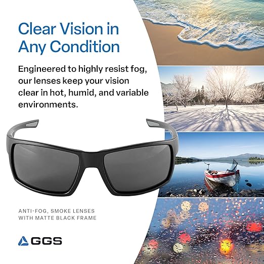 Bullhead Safety Amberjack Safety Glasses with Anti Fog and Scratch Resistant Lenses, Polycarbonate Protective Eyewear with UV Light Protection, Smoke Lenses, Matte Black Frame