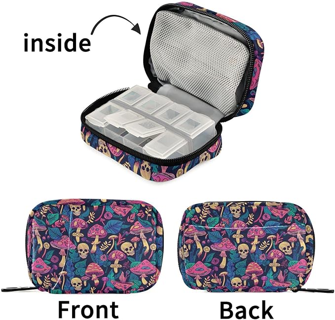 Fustylead Bright Psychedelic Mushrooms Plants and Skull Travel Pill Organizer Case Zipper for Purse with Removable Weekly Pill Box for Medicine, Vitamin, Supplement Medicine Organizer