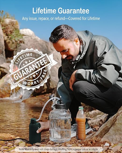 Camping Water Filter – Water Filtration System Survival with 0.01 Micron, 6-Stage Portable Water Filter, Electric Emergency Water Purifier with SOS Light for Hiking, Travel, Backpacking – Green