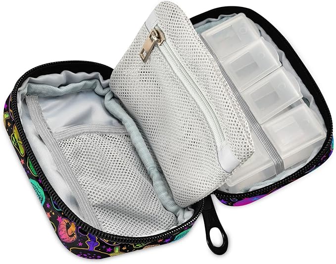 Pill Box Colorful Skull Mushroom 7 Day Pill Case Travel Pill Organizer Bag with Zipper Portable Weekly Vitamin Medicine Supplement Holder Pouch Bag