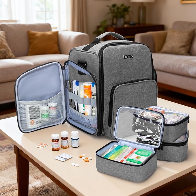 BAFASO Pill Bottle Organizer with 3 Removable Pouches, Large Medicine Bag Come with Shoulder Strap (Bag ONLY), Gray
